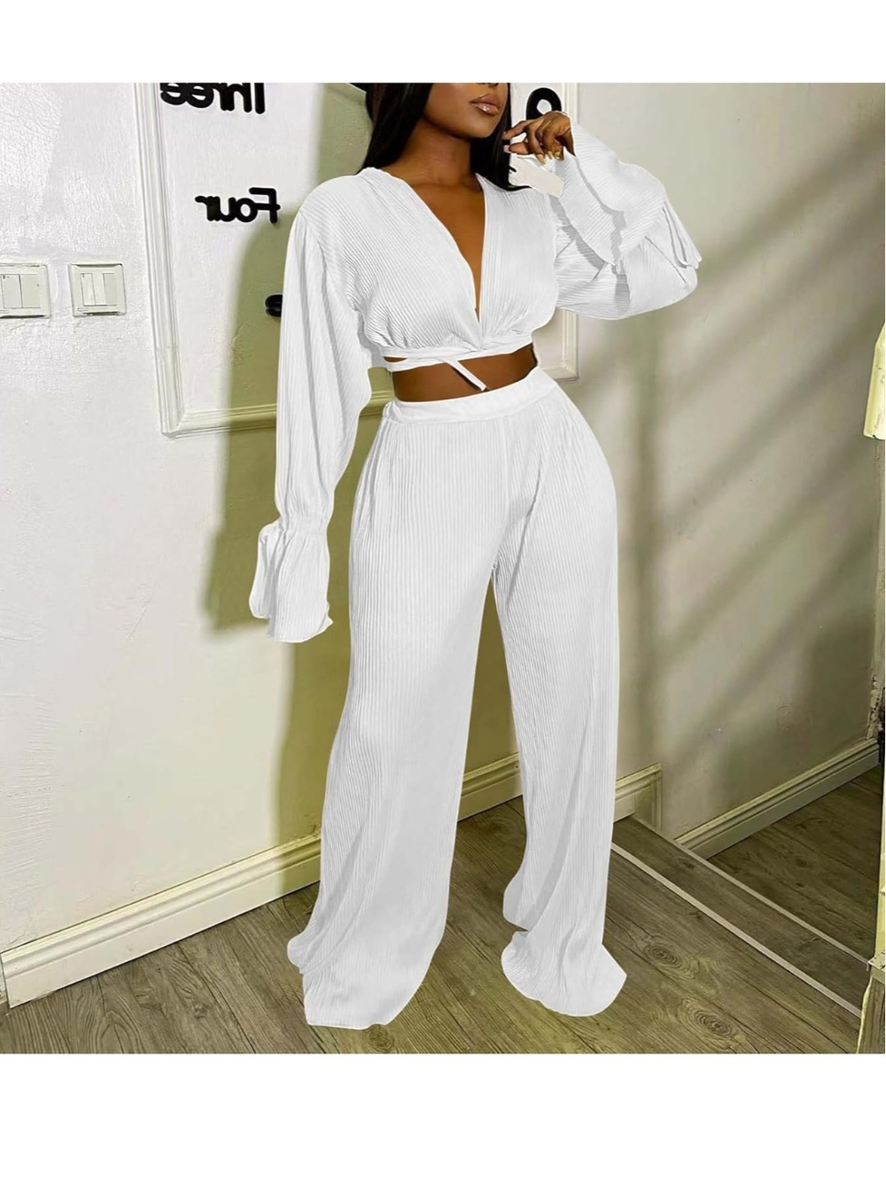 2 Piece Outfit Deep V Neck Top High Waisted Pant